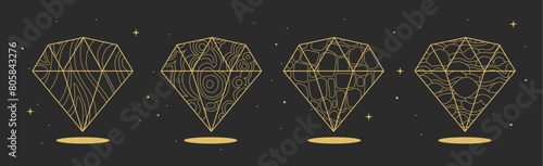 Set of Modern magic witchcraft cards with geometric diamonds or crystals. Line art occult vector illustration