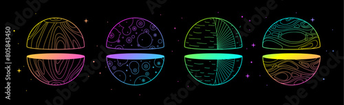 Set of Modern magic witchcraft cards with fluorescent geometric spheres or planets. Line art occult vector illustration