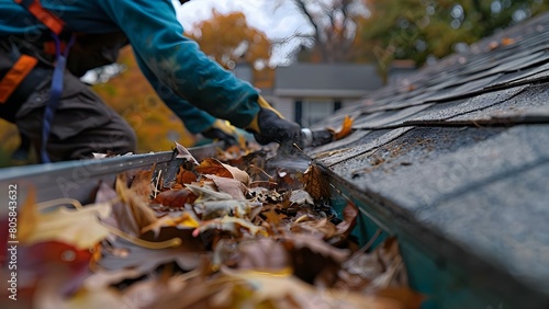 High-Quality Gutter Cleaning: Man Removing Leaves from a Roof Gutter. Concept Cleaning Gutters, Roof Maintenance, Home Improvement, Fall Cleanup, Leaf Removal photo
