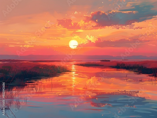 Serene Sunset Reflection Paints the Sky in Hues of Gold and Pink,Inviting Contemplation and Discovery