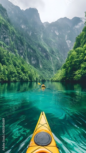 Serene Kayak Voyage Through Pristine Mountain Lake © sathon