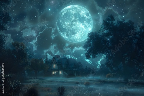 Serene Moonlit Landscape with Glowing House in Enchanting Night Sky