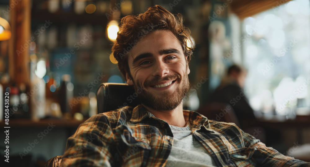 Fototapeta premium A man with a beard is smiling and sitting in a chair