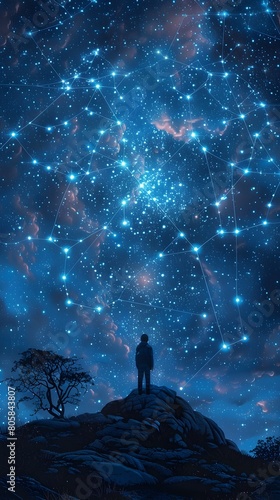 Solitary figure stands in awe under the vast,starry night sky,surrounded by the interconnected constellations of the universe