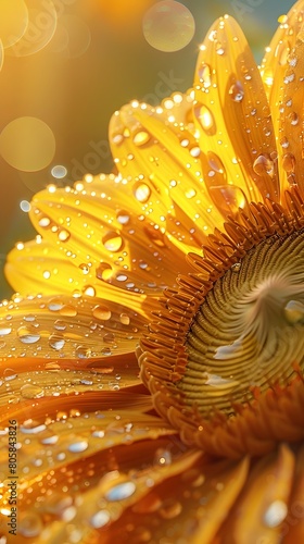 Sparkling Sunflower Blooming in the Morning Sunshine with Glistening Dew Droplets on Vibrant Yellow Petals