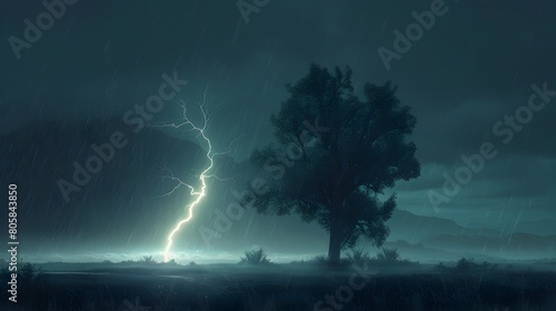 Storm-Struck Tree - A Dramatic Nightscape of a Solitary Tree Battered by a Powerful Lightning Bolt against a Brooding,Ominous Sky