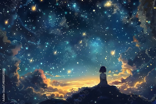 Stunning Cosmic Landscape with Silhouetted Figure Gazing upon Vast Starry Night Sky and Glowing Galaxy