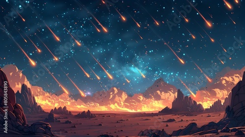 Stunning Meteor Shower Illuminating the Serene Desert Landscape at Night