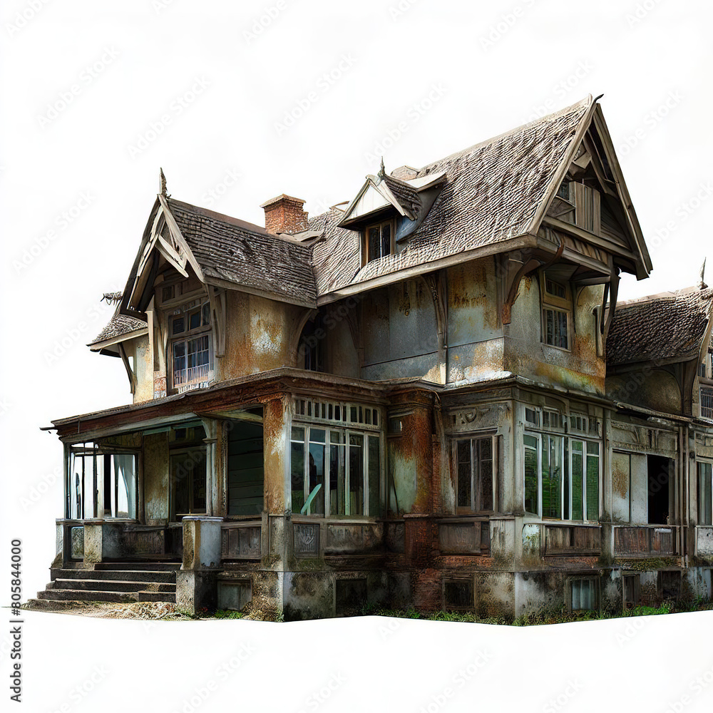Abandoned wooden house isolated on white background front view, 3D rendering.with Generative AI technology	
