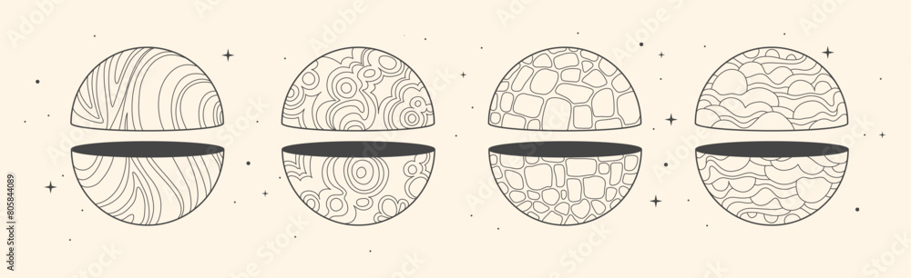 Set of Modern magic witchcraft cards with geometric spheres or planets. Line art occult vector illustration Set of Modern magic witchcraft cards with geometric spheres or planets. Line art occult vector illustration