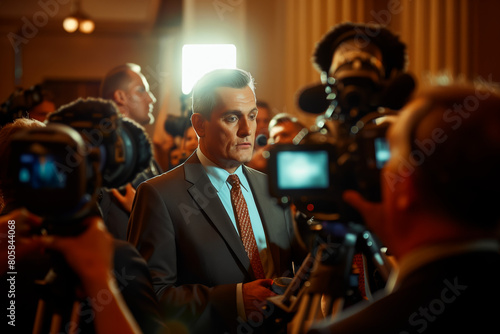Serious male American politician talks with journalists, answers questions and gives interview for media and television news in government building. United States congressman during press conference photo