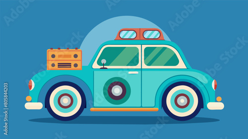 A turquoise classic car turned into a traveling jukebox with a record player and speakers mounted on the roof. Vector illustration