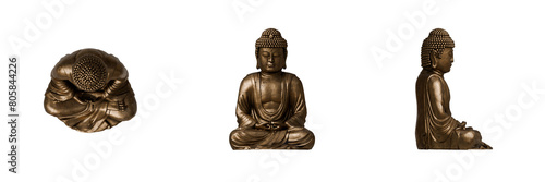 Buddha Statue Top View, Front View, Side View. Isolated Transparent Background
