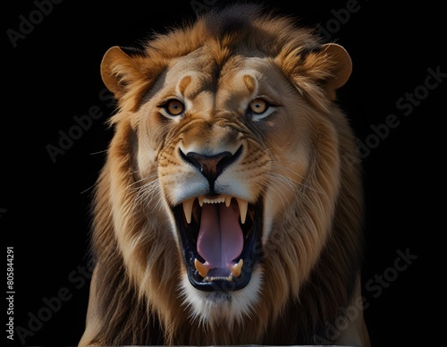 Portrait of a Lion roaring on a black background.