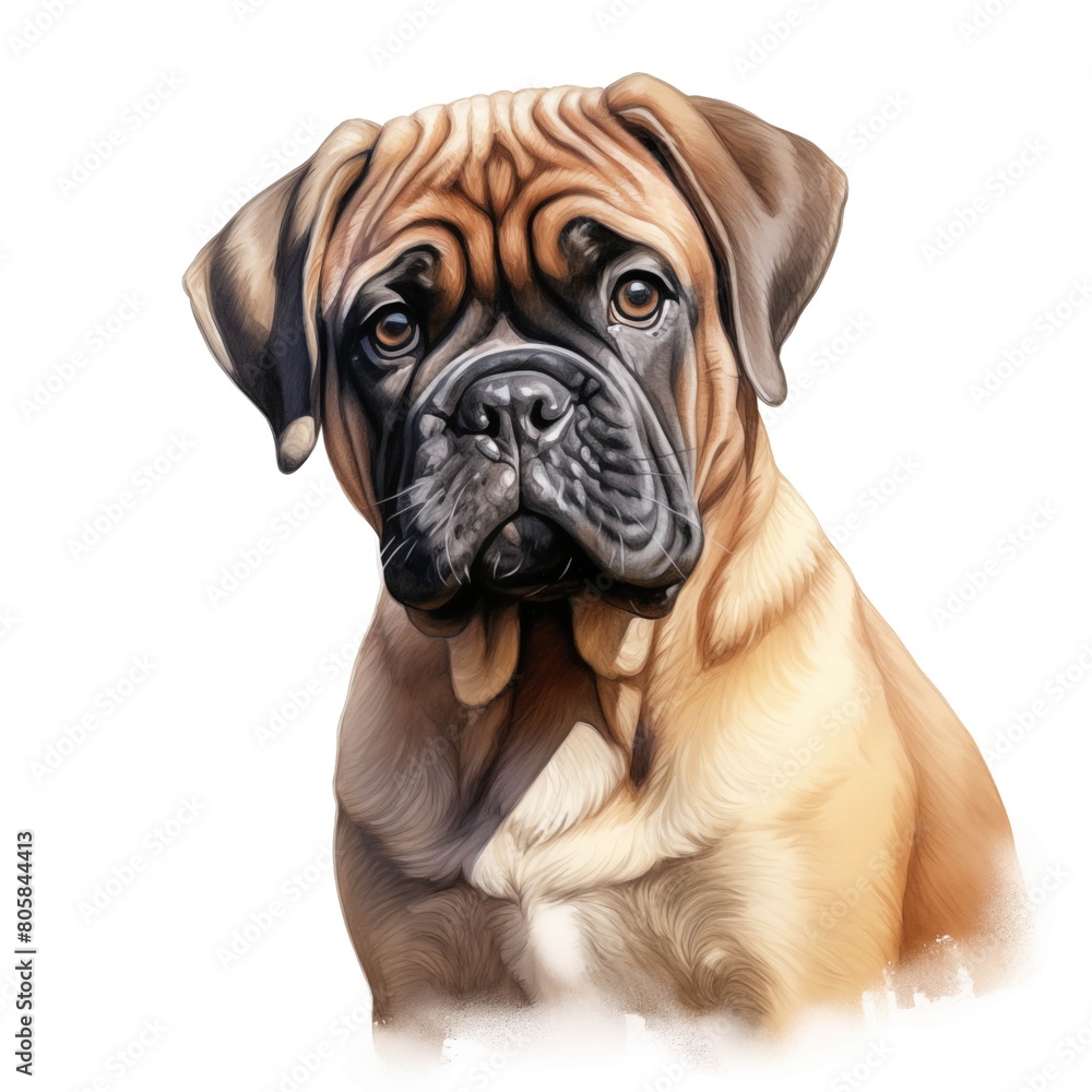 Bullmastiff dog. Puppy dog. Bullmastiff clipart. Watercolor illustration. Generative AI. Detailed illustration.