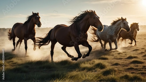 Herd of horses galloping in the field at sunrise in summer © ASGraphicsB24