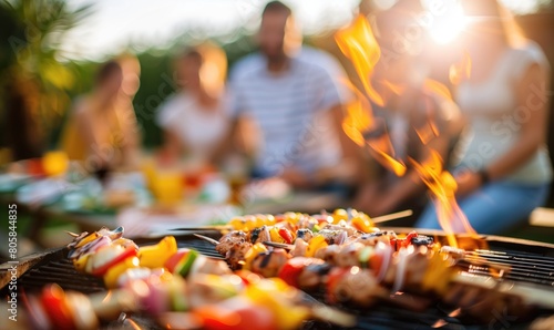 Grill bar-b-q party outdoors with friends on bright sunny day with grilled meat and vegetables cookout holiday and vacation celebration during weekend picnic together