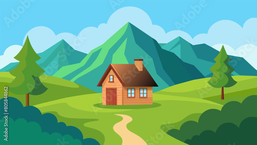 A simple humble cottage nestled in a green valley a humble representation of the contentment and peace of a quiet mind.. Vector illustration