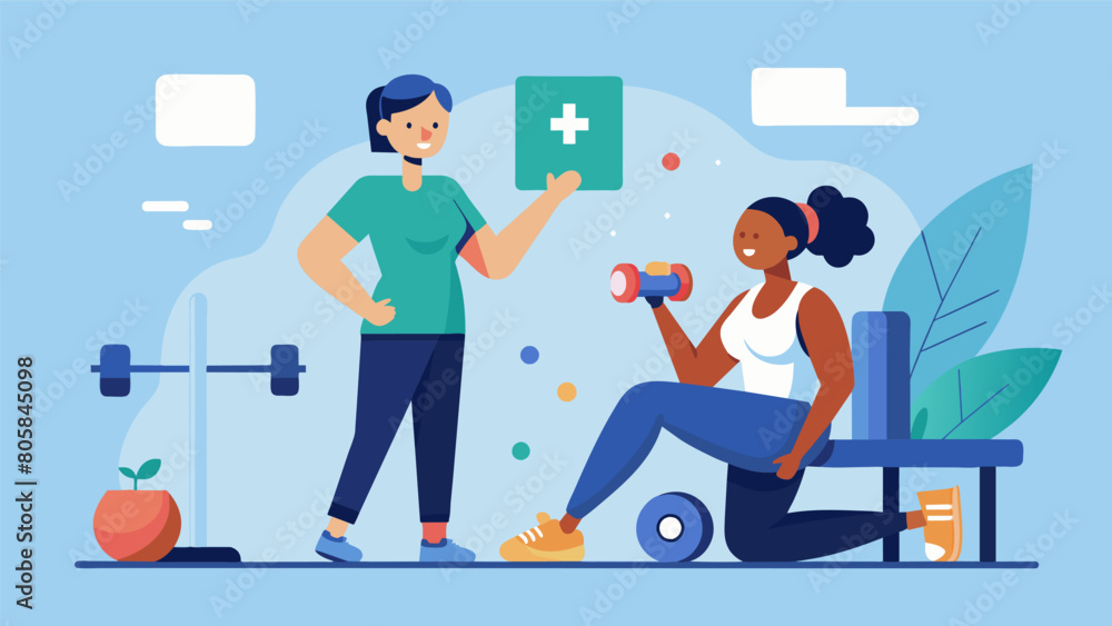 Supporting a client with chronic illness the wellness coach tailors a workout routine that takes into consideration their physical limitations while. Vector illustration Supporting a client with chronic illness the wellness coach tailors a workout routine that takes into consideration their physical limitations while. Vector illustration