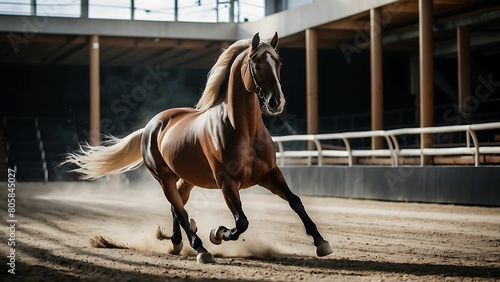 Beautiful bay horse with long mane galloping in paddock