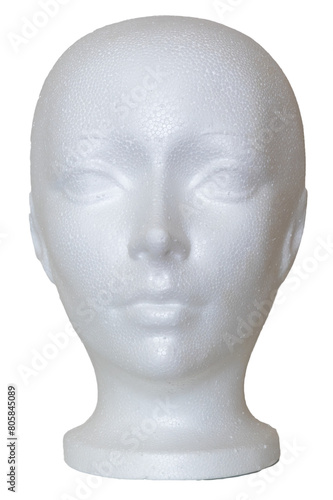 Styrofoam mannequin head of a bald woman isolated on a transparent background.
