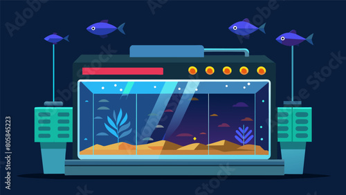 A technologically advanced fish tank with programmable LED lighting and automated water maintenance.. Vector illustration