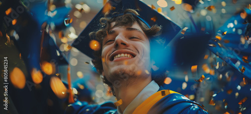 A man in a graduation cap and gown is smiling and surrounded by confetti