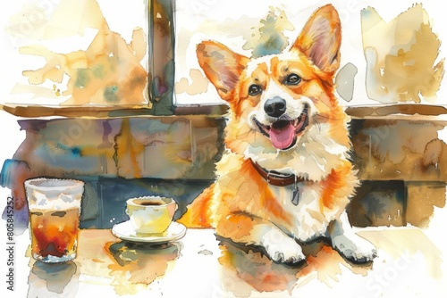 Corgi sitting at restaurant or cafe with cup of coffee. Dog friendly places concept. Emotional support concept. Watercolor illustration.