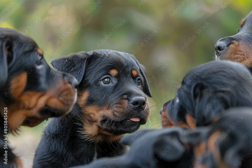 Beautiful Rottweiler puppies sitting outdoors in summer