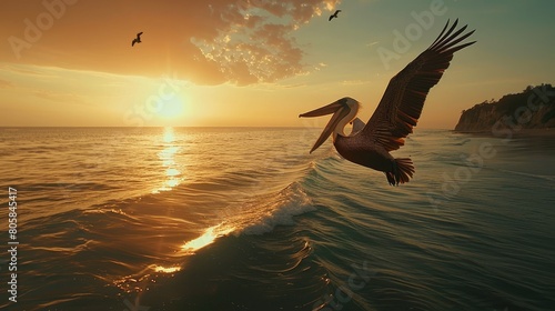 Pelican in flight over the ocean