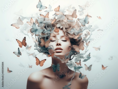 Portrait of a beautiful young woman surrounded by butterflies in her hair area