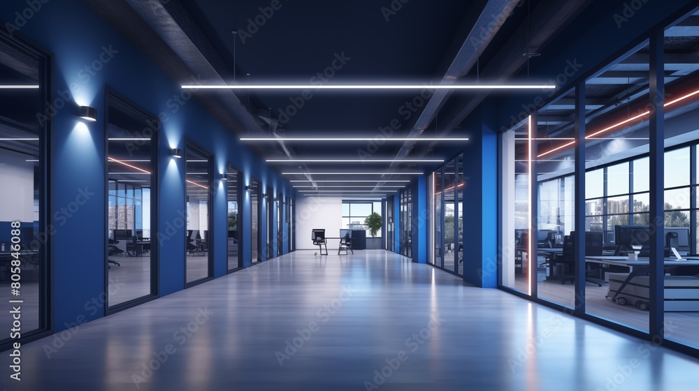 blue office corridor, concrete floor, loft-style windows, continuous ceiling lights, business and financial design theme, spacious interior concept. blue office corridor, concrete floor, loft-style windows, continuous ceiling lights, business and financial design theme, spacious interior concept.