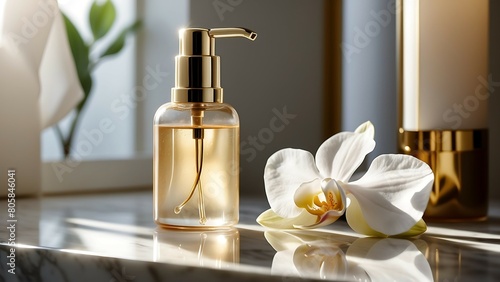 Cosmetic bottle table with white orchid flower  closeup