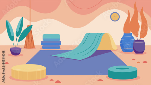 A stretching area with soft natural fabrics and materials to encourage relaxation and flexibility.. Vector illustration