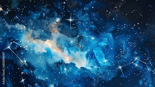 a dreamy watercolor of space, stars, and the Sagittarius constellation, rendered on textured watercolor paper