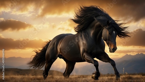 Beautiful Black Horse galloping in the field at sunset.