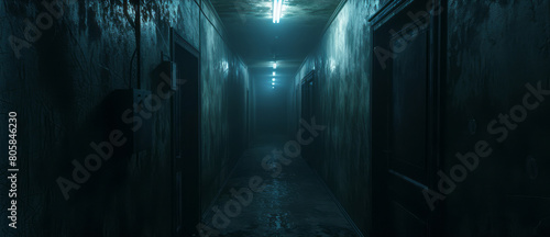 A dark hallway leads to a dark room, horror academia and realistic scenes.