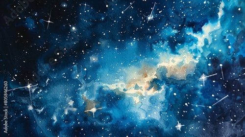 a dreamy watercolor of space, stars, and the Sagittarius constellation, rendered on textured watercolor paper