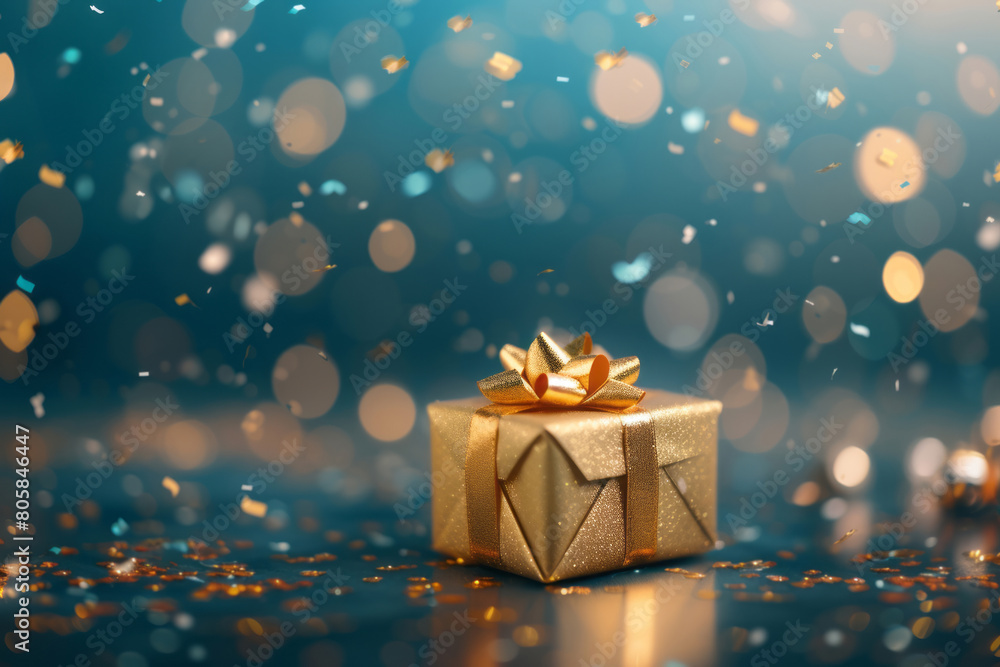 A gold box, adorned with confetti rays, on a background, a bokeh effect, wrapped aesthetics, and dark cyan and beige colors. A gold box, adorned with confetti rays, on a background, a bokeh effect, wrapped aesthetics, and dark cyan and beige colors.