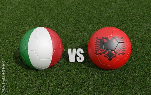 Footballs in flags colors on grass. Italy with Albania.  3d rendering