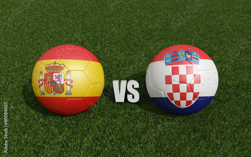 Footballs in flags colors on grass. Spain with Croatia. 3d rendering