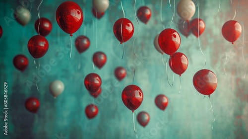 Floating balloons caricature-like illustrations, vintage aesthetics, and colors of light teal and dark red.