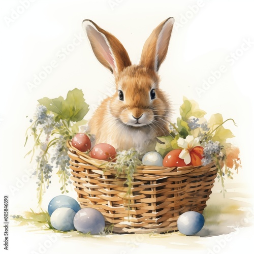 Bunny in basket. Easter basket clipart. Watercolor illustration. Generative AI. Detailed illustration.