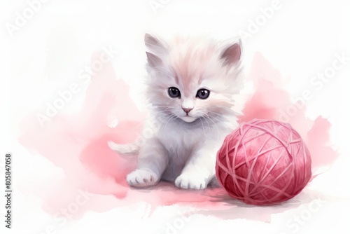 Kitten playing with a ball of pink yarn, adorable valentine setting, watercolor style, soft color