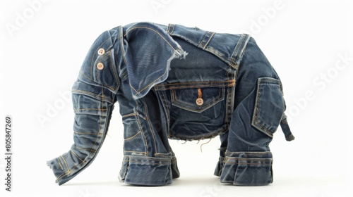 Jeans in the shape of a elephant. An animal made from denim on white background.