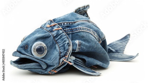 Jeans in the shape of a fish. An animal made from denim on white background.