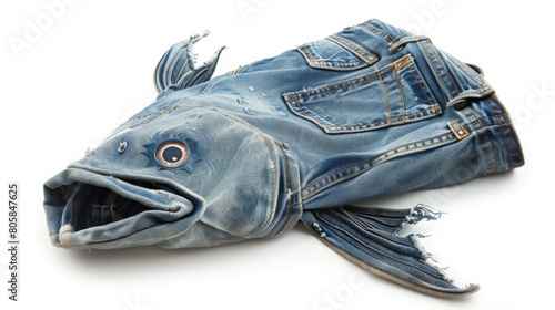 Jeans in the shape of a fish. An animal made from denim on white background.