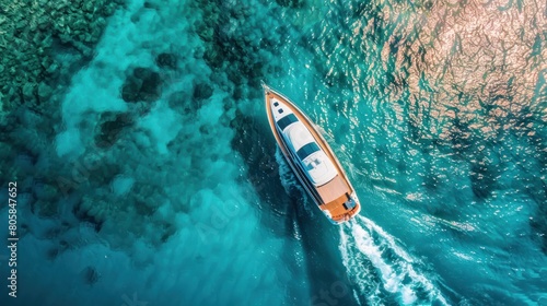 Aerial top view of a white cruise ship on a summer day The motorboat makes eight turns in the sea, creating an endless future concept