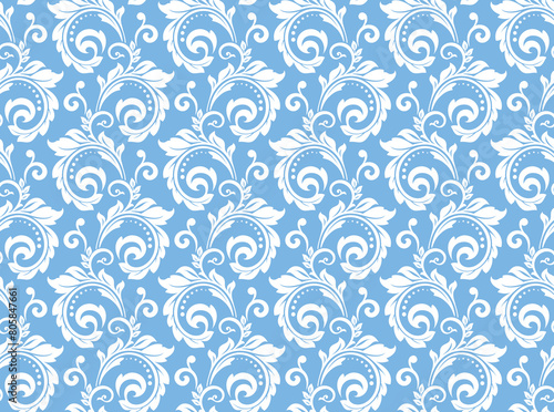 Floral pattern. Vintage wallpaper in the Baroque style. Seamless vector background. White and blue ornament for fabric, wallpaper, packaging. Ornate Damask flower ornament