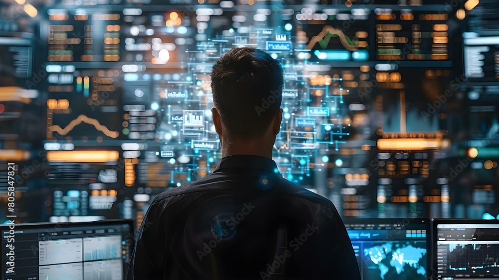 Expertise in Cyber Security: Man specializing in hologram trading, data analysis and investment websites. Concept Cyber Security, Hologram Trading, Data Analysis, Investment Websites, Specialization Expertise in Cyber Security: Man specializing in hologram trading, data analysis and investment websites. Concept Cyber Security, Hologram Trading, Data Analysis, Investment Websites, Specialization